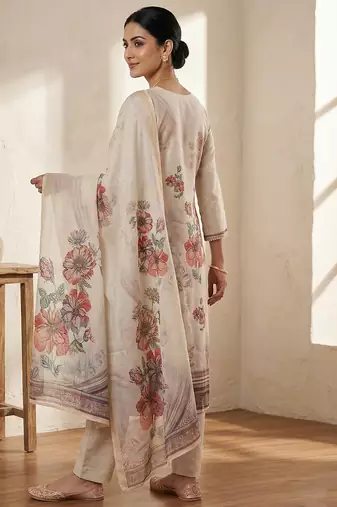 cream floral digital print linen dress material set