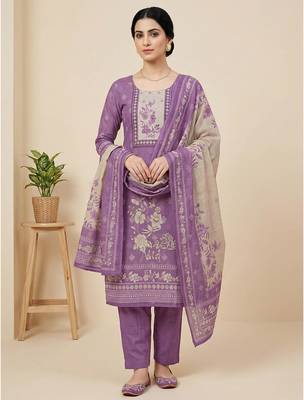 purple floral digital print linen dress material set 1