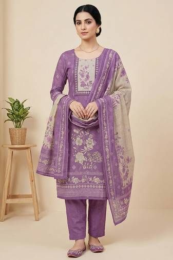 purple floral digital print linen dress material set