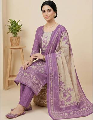 purple floral digital print linen dress material set 2