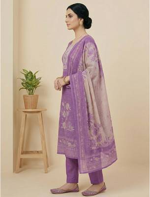 purple floral digital print linen dress material set 3