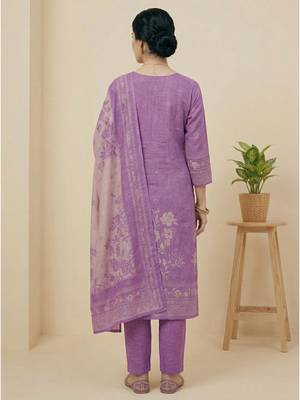 purple floral digital print linen dress material set 4