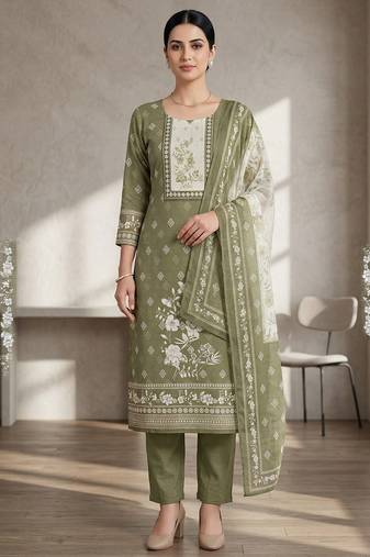 green floral digital printed linen dress material set