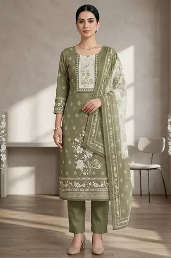 Stylee lifestyle green linen digital printed dress material