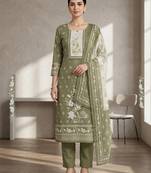 green floral digital printed linen dress material set