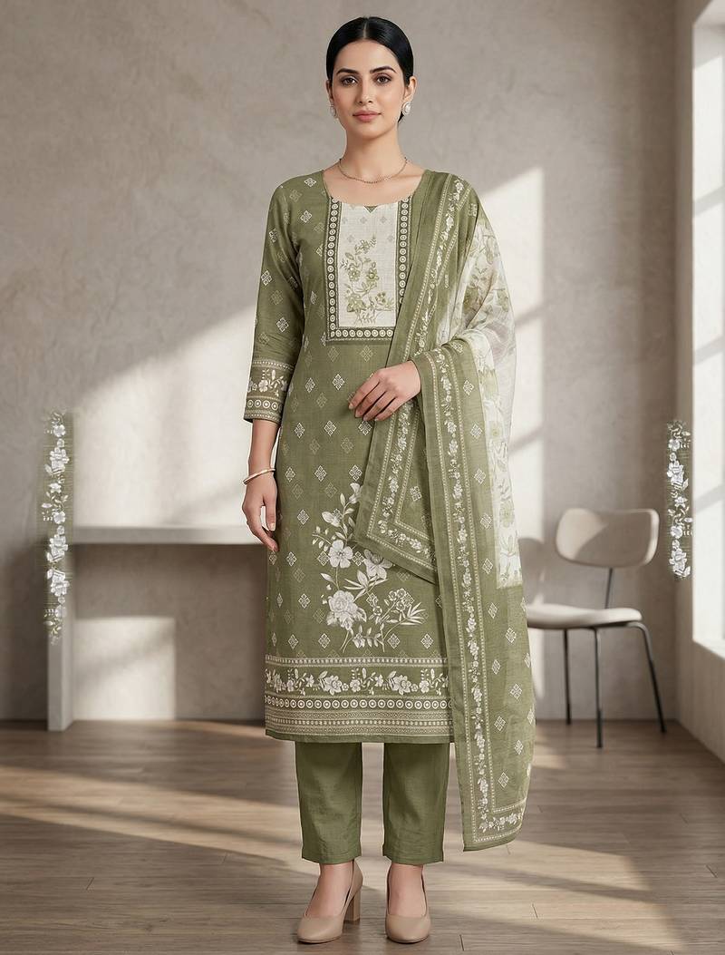Stylee lifestyle green linen digital printed dress material