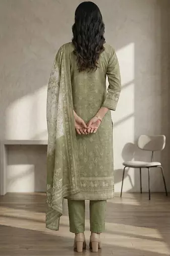 green floral digital printed linen dress material set