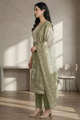 green floral digital printed linen dress material set
