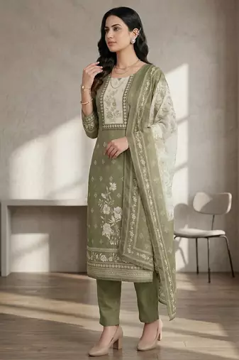 green floral digital printed linen dress material set
