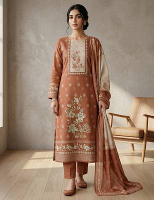 orange floral digital print linen dress material set 1