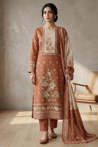 orange floral digital print linen dress material set