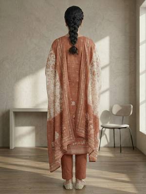 orange floral digital print linen dress material set 2