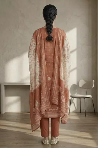 orange floral digital print linen dress material set