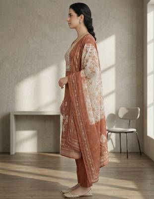 orange floral digital print linen dress material set 3