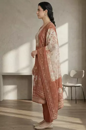 orange floral digital print linen dress material set