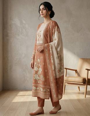 orange floral digital print linen dress material set 4