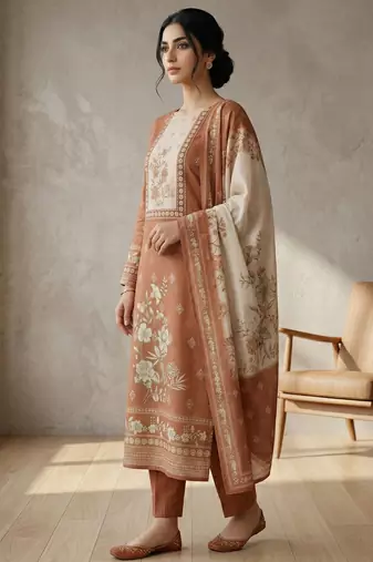 orange floral digital print linen dress material set