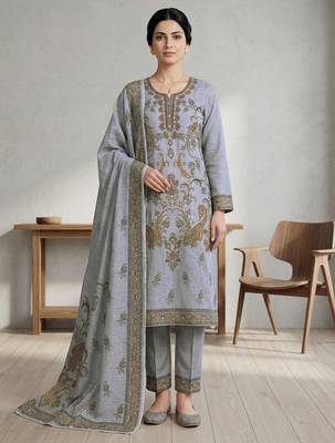 grey linen paisley digital print dress material set 1