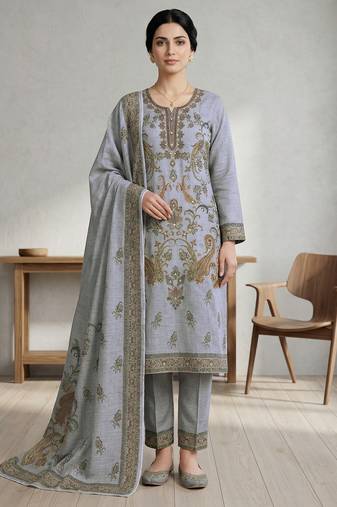 grey linen paisley digital print dress material set
