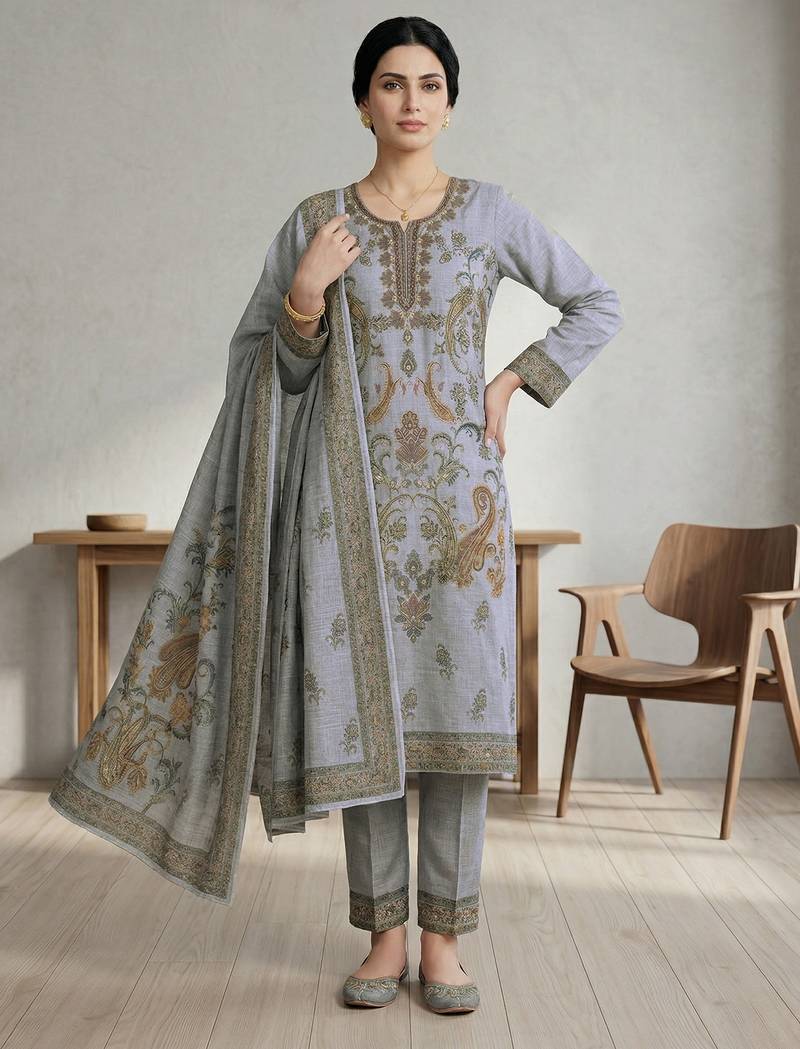 Stylee lifestyle grey linen digital printed dress material