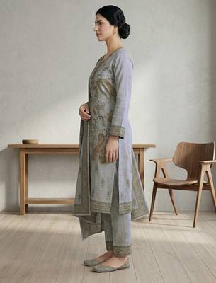 grey linen paisley digital print dress material set 3