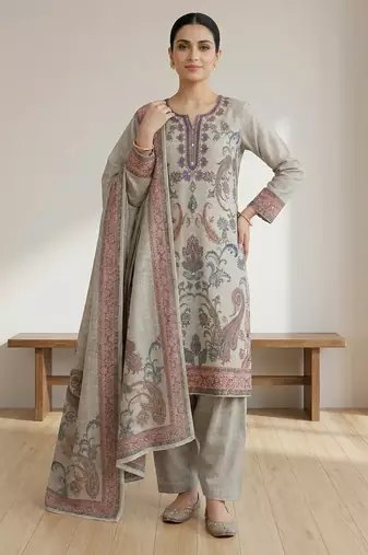 Stylee lifestyle olive linen digital printed dress material