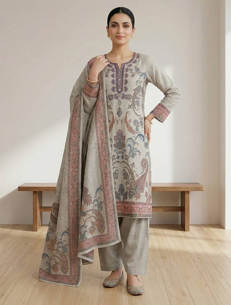Stylee lifestyle olive linen digital printed dress material