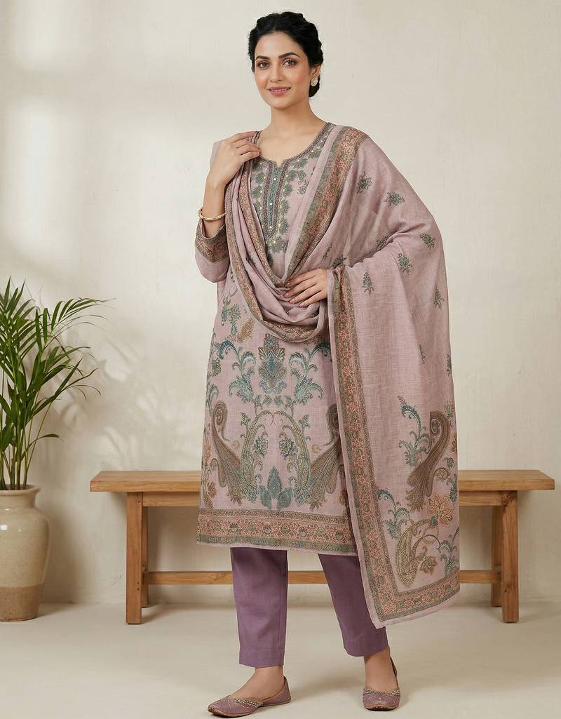 pink linen digital printed dress material