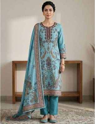 turquoise digital print linen dress material set 1