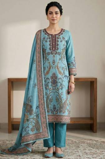 turquoise digital print linen dress material set