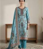 Stylee lifestyle turquoise linen digital printed dress material