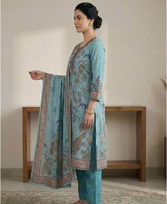 turquoise digital print linen dress material set 2