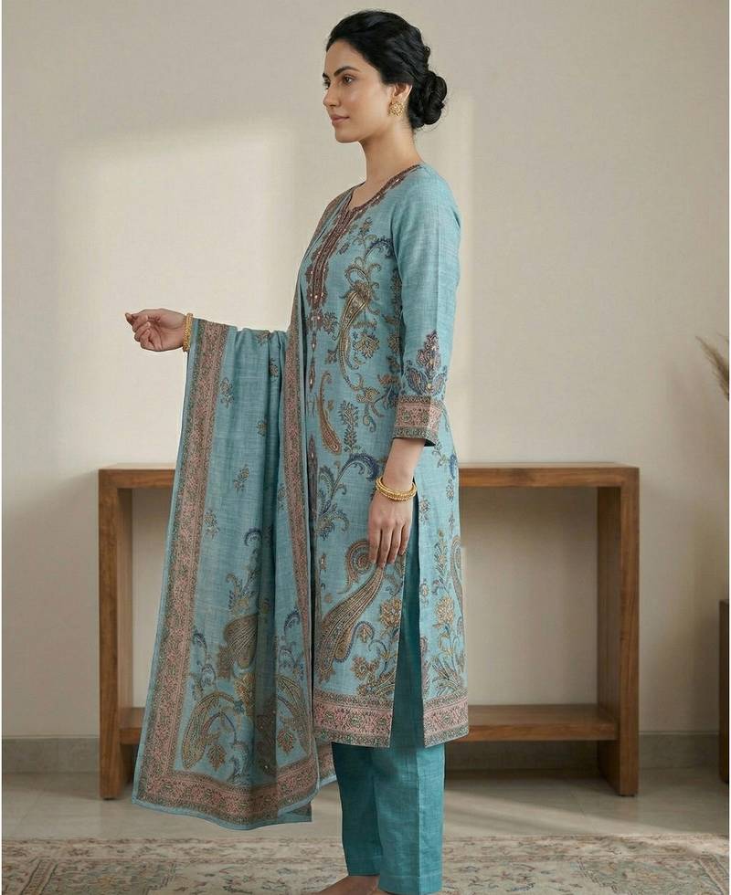 Stylee lifestyle turquoise linen digital printed dress material