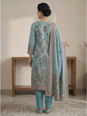 turquoise digital print linen dress material set 3