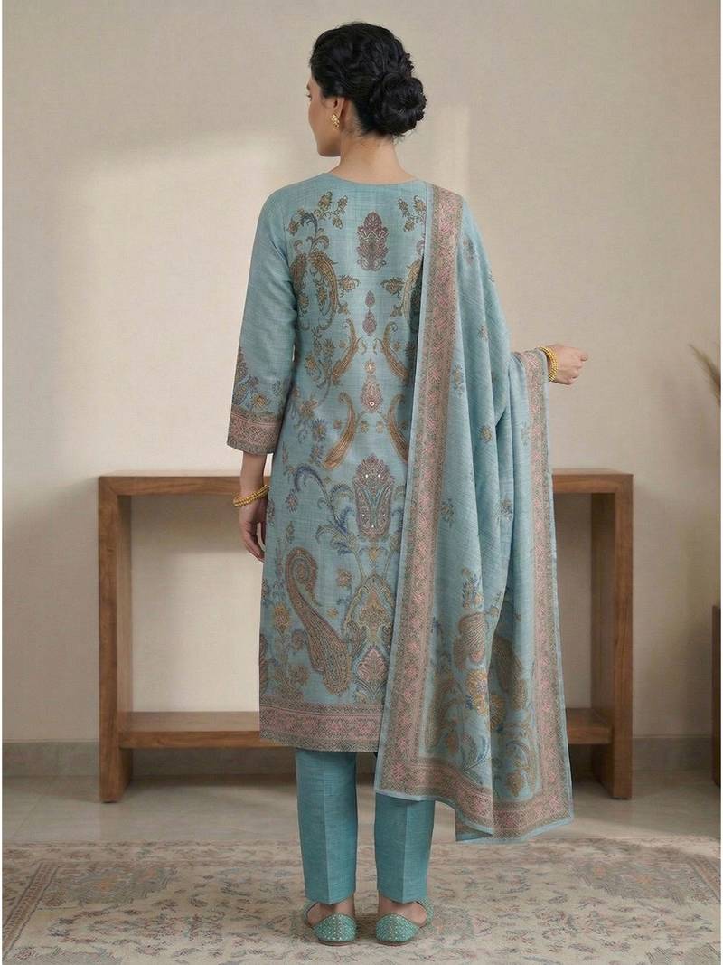 Stylee lifestyle turquoise linen digital printed dress material