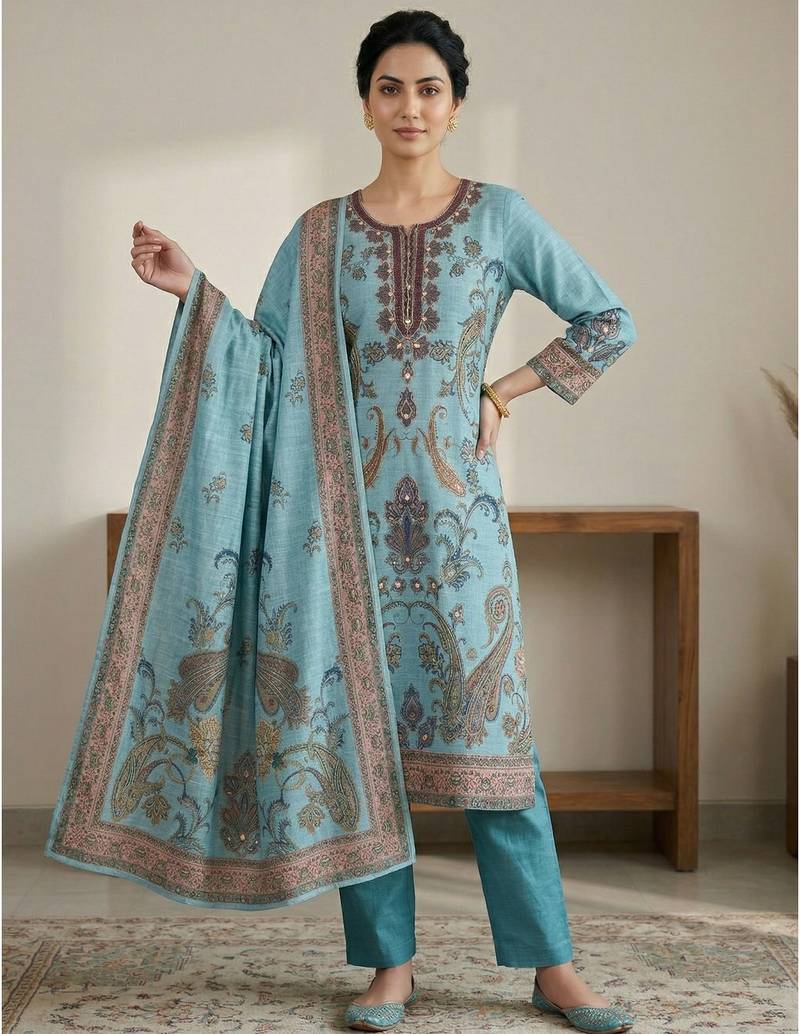 Stylee lifestyle turquoise linen digital printed dress material