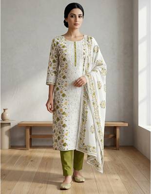 off white floral digital print cotton dress material set 1