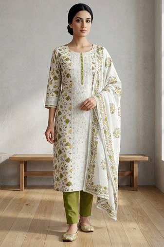off white floral digital print cotton dress material set