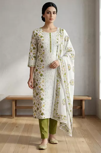 Stylee lifestyle off white pure cotton digital printed dress material