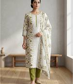 off white floral digital print cotton dress material set