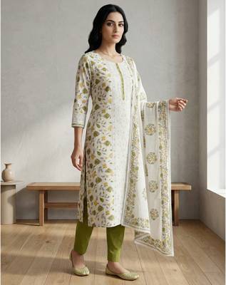 off white floral digital print cotton dress material set 2