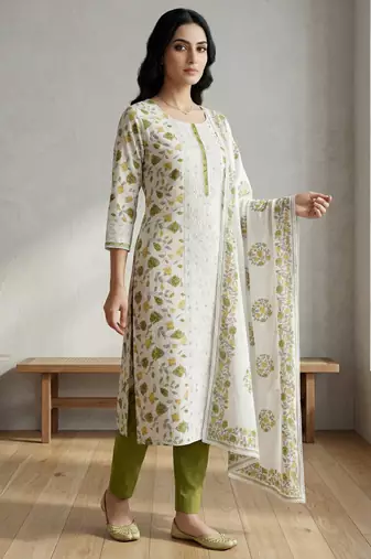 off white floral digital print cotton dress material set