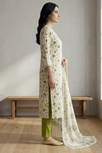 off white floral digital print cotton dress material set