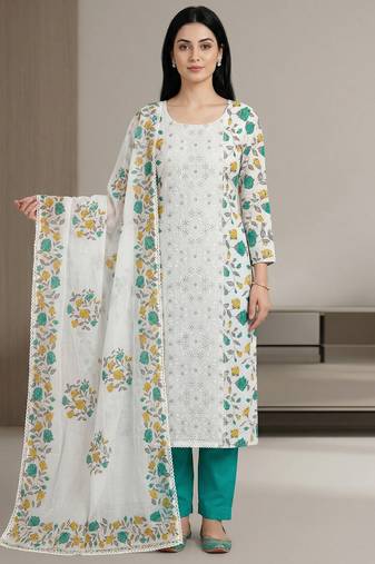 off white cotton green floral digital print dress material