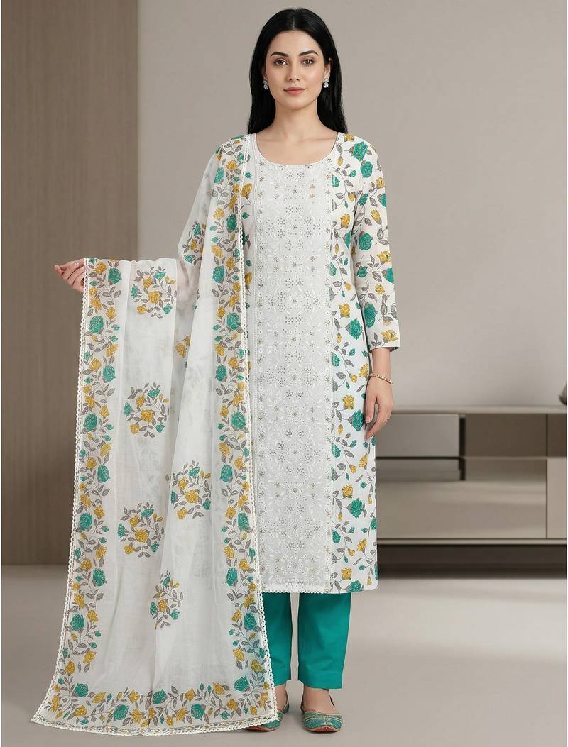 Stylee lifestyle off white pure cotton digital printed dress material