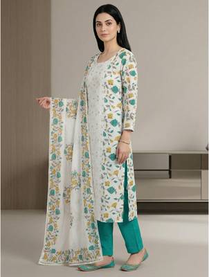 off white cotton green floral digital print dress material 3