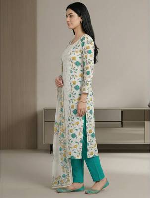 off white cotton green floral digital print dress material 4