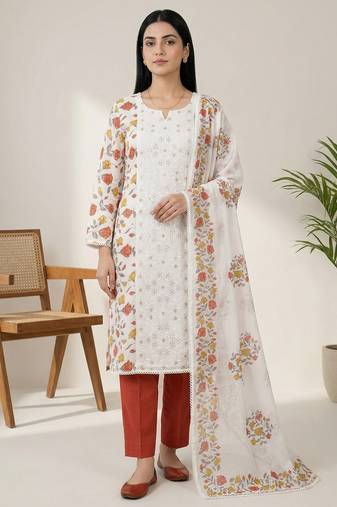 Stylee lifestyle off white pure cotton digital printed dress material