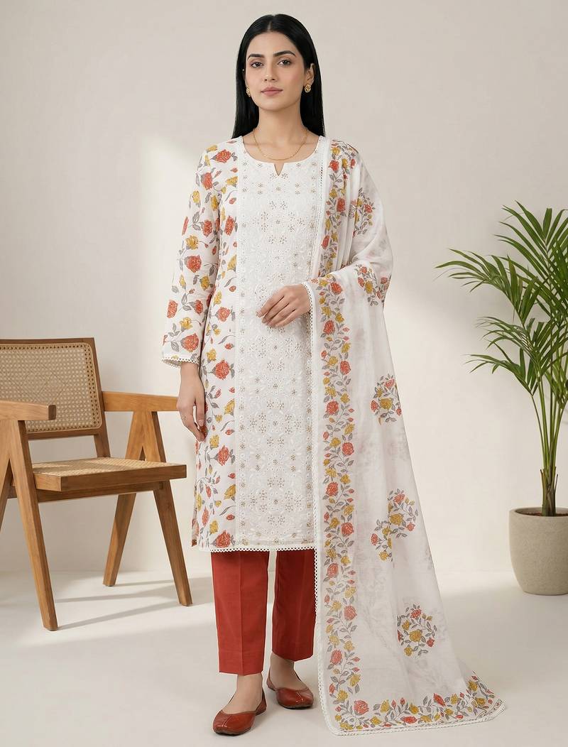 Stylee lifestyle off white pure cotton digital printed dress material