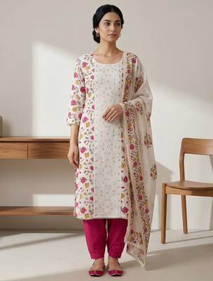 off white cotton pink floral digital print dress material 1